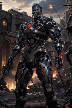 evil cyborg, red eyes, high quality, ultra-detailed, (masterpiece, best quality), huge weapons, armored suit