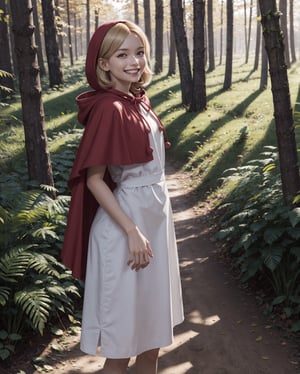 girl, blonde hair, blue eyes, hood, red dress, apron,capelet, looking at viewer, smiling, grin,medium shot, 
standing, outside, forest, autumn, dirt path, natural lighting, extreme detail, masterpiece,  lora:bbh:.8
