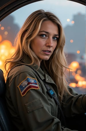 Blake Lively, 16K, UHD, long blonde hair, action shot of Blake Lively, dressed in combat jumpsuit, sitting inside an F-15 cockpit in flight. The background is filled with explosions and a chaotic sky, with the Pope wearing a concerned expression, holding the flight controls. The overall atmosphere is intense and high-stakes