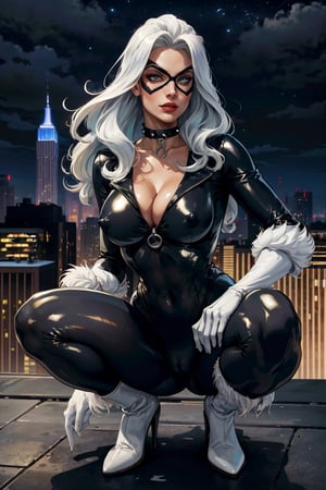 (masterpiece, best quality, ultra detailed, absurdres)1.5, 1girl, (sexy, beautiful woman, perfect face, perfect eyes, perfect female body, huge breasts)1.5, (CARTOON_felicia_blackcat_ownwaifu, www.ownwaifu.com, very long hair, white hair, lipstick, makeup, collarbone, red lips, claws, mask, black bodysuit, domino mask, white gloves, black choker, black collar, superhero, white fur trim, cleavage, navel, skin tight, zipper, spiked collar, unzipped, jewelry, latex, shiny, center opening, white boots, high-heel boots, covered nipples, cameltoe, lora:CARTOON_felicia_blackcat_ownwaifu-15:1), (squatting, outdoors, rooftop, New York skyline in background, night sky), perfect lighting, smooth, hdr
,felicia_blackcat_aiwaifu