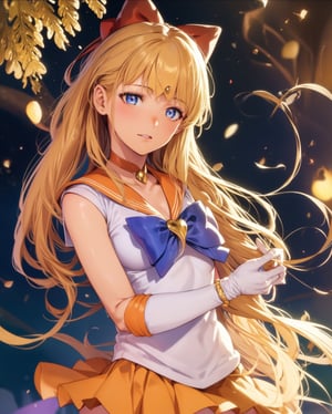 sailorvenus, lora:sailorvenus-lora-nochekaiser:1,sailor venus, blonde hair, blue eyes, bow, hair bow, half updo, long hair, red bow, tiara,BREAK back bow, choker, elbow gloves, gloves, jewelry, magical girl, orange choker, orange sailor collar, orange skirt, sailor collar, sailor senshi uniform, school uniform, serafuku, skirt, white gloves,BREAK outdoors, night, sky, star \(sky\), moon,BREAK looking at viewer, (cowboy shot:1.5),BREAK lyco:GoodHands-beta2:1, (masterpiece:1.2), best quality, high resolution, unity 8k wallpaper, (illustration:0.8), (beautiful detailed eyes:1.6), extremely detailed face, perfect lighting, extremely detailed CG, (perfect hands, perfect anatomy),