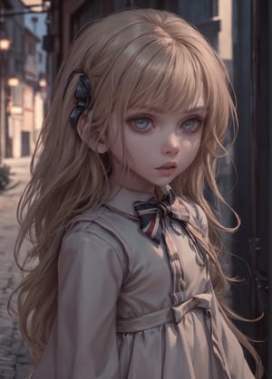 lora:M3GEN:0.6,(looking at viewer),(cowboy shot dynamic pose:1.22),M3GEN/(Robot Girl/), 1girl, solo, long hair, blonde hair, realistic, blurry, grey eyes, bow, photo inset, upper body, bowtie, parted lips, ribbon, lips,detailed shiny skin,perfect and very white teeth,finely detailed beautiful eyes,Ultra-fine facial detail,eyelashes,Glossy pink lips,(detailed The dark and terrifying alleys background:1.4),outdoors,(day:1.33),depth of field,intricate,elegant,highly detailed,digital photography,masterpiece,hdr,lora:LASER-V2:0.35,