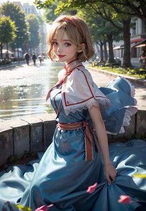 masterpiece, best quality, lora:alice:1,doll,blonde hair, hairband, (shanghai doll:1),alice margatroid, blue eyes, capelet, 1girl, petals, smile, dress, solo, sash, bow, hair bow, short hair, long hair, blue dress,park background, 