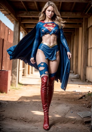 (full body:1.3),(long legs:1.3),red boots,8k,best quality,real picture,intricate details,ultra-detailed,ultra highres,depth field,(photorealistic,realistic:1.2),masterpiece,photo of european girl,supergirl,(Super girl suit:1.5),(huge breasts),cooler,sad,(bruise, dirty, torn clothes, revealing clothes:1.3),blue eyes,blonde hair,long hair,ripped cape,ripped pantyhose,superhero,solo,sun,blue sky,best quality,realistic,photorealistic,(intricate details:1.2),(delicate detailed),(cinematic light),clear line,sharp focus,realistic face,detailed face,unity 8k wallpaper,ultra high res,(photorealistic:1.4),looking at viewer,