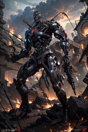 evil cyborg, red eyes, high quality, ultra-detailed, (masterpiece, best quality), huge weapons, armored suit