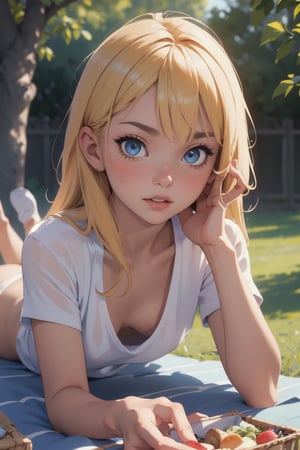 (masterpiece:1.3), (best quality:1.3), (hires, high resolution:1.3), 1girl, blonde, blue eyes, long hair, lying, on stomach, foreshortening, facing viewer, picnic, picnic basket, ass visible, downblouse, (white, loose t-shirt), leaning forward, selfie, hand on own face, 
lora:downblouse-v1:0.8
,downblouse