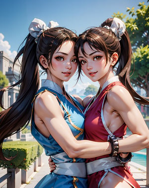 pictures of 2 beautiful girls, chun li and shiranui mai, looking at viewer, smiling, hug, cute pose, outside, blue sky, extreme detail, masterpiece, beautiful quality, ,brown eyes, shiranui mai, chun li