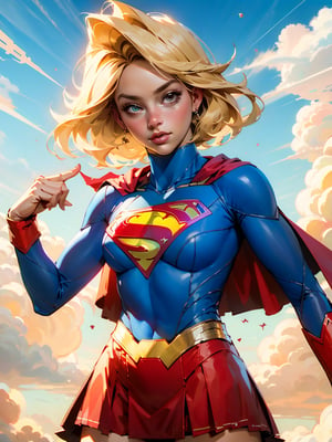 nijistyle, cowboy shot of supergirl, blonde hair, cape, particles, clouds, sky, lora:sxz-style-niji:1