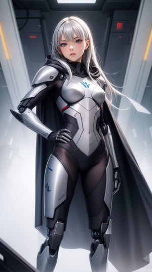 (masterpiece, best quality), 1girl, BREAK android, (grey cybersuit), (black upper armor), mechanical arms, machinery, prosthesis, solo, silver hair, long hair, cloak, BREAK looking at viewer, hand on hip,
