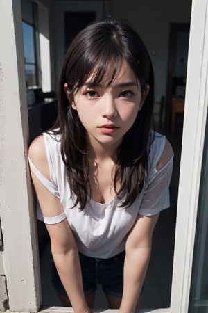 (((1girl from outside window, standing, leaning forward))), lora:from_outside_window:1, looking at viewer,
 ,Perfectly glossy skin, ,25 yo mature girl, picture of a vivid, (masterpiece:1.2),(extremely detailed),(8k:1.1),(perfect lighting,best quality,highres,original),(realistic photography:1.4),(tall image:1.5), ,high detailed skin,shaded face, soft lighting, (small face),RAW, ultra highres, pores visible, ,from outside window