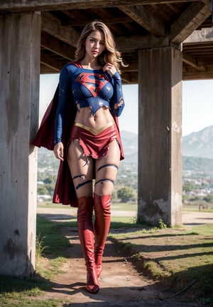 2girl, twin sisters, (full body:1.3),(long legs:1.3),red boots,8k,best quality,real picture,intricate details,ultra-detailed,ultra highres,depth field,(photorealistic,realistic:1.2),masterpiece,photo of european girl,supergirl,(Super girl suit:1.5),(huge breasts),cooler,sad,(bruise, dirty, torn clothes, revealing clothes:1.3),blue eyes,blonde hair,long hair,ripped cape,ripped pantyhose,superhero,solo,sun,blue sky,best quality,realistic,photorealistic,(intricate details:1.2),(delicate detailed),(cinematic light),clear line,sharp focus,realistic face,detailed face,unity 8k wallpaper,ultra high res,(photorealistic:1.4),looking at viewer,