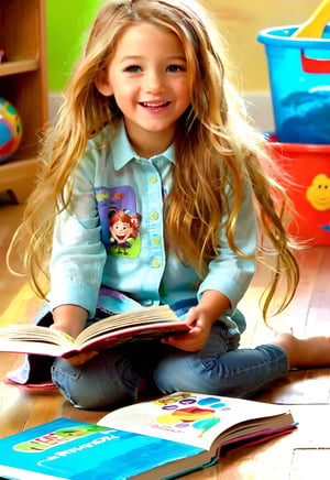 a girl,full body,pixar style,long messy hair, smilling,kindergarten, some kid toys, messy book, painting on the floor, playing together, bright light, playfull,blake lively