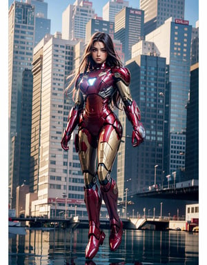 1 girl, long black hair, side,  full body, iron man suit,  pauldrons, ,iron man, open clothes, , abs, ,Eva Savagiou, ,evangelion, eva suit, floating in the sky, cityscape, day light, details, reflective, fighting , ,mecha, ,3va, , photo-realistic,