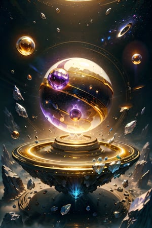 purple crystal ball, crystal ball fragments, crystal material saturn, futuristic sci-fi, galaxy, aura, not human