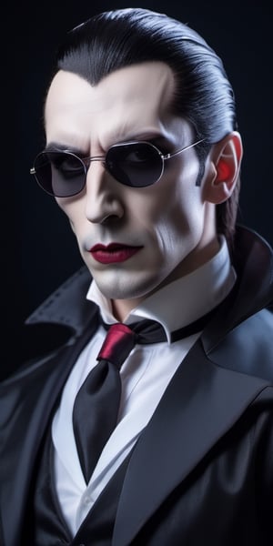 Halloween, Dracula, wearing rebel sunglasses, neat suit, upper body, Simple dark background, 'wear earphones'