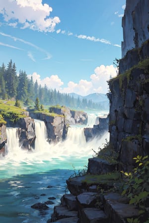 Beautiful view of rushing water and blue sky background, not human