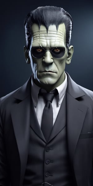 Halloween, use earphones:1.2, music, frankenstein, wearing rebel sunglasses, neat suit, upper body, Simple dark background