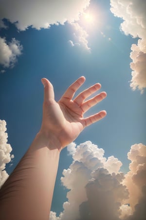 ((hands reach for the sky)),

the camera looks at the bright blue sky,

(best quality, masterpiece, colorful, dynamic angles, highest detail, highly realistic), professional photos, (high resolution textures), in dynamic poses, bokeh, (intricate details, highly detailed: 1.15), detailed, high contrast, highest detail)