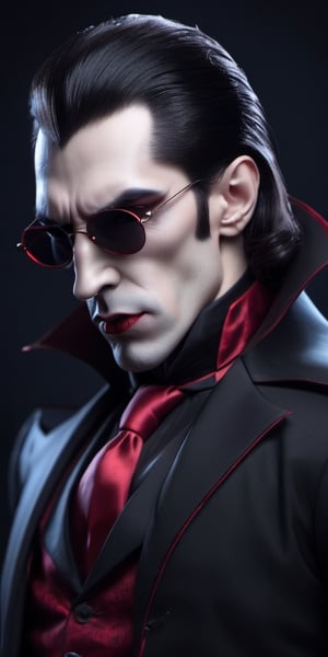Halloween, Dracula, wearing rebel sunglasses, neat suit, upper body, Simple dark background, wear earphones