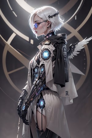 futubot, futuristic, 2030s, jet wings, exoskeleton showing. xray view, glowing circuit, gears, robotic parts, magic staff, super tech, mega mode, super heroine, witch, cyber alice, warrior princess, white hair, robe, sacred patterns, magic sceptre, witchcraft, vibrant colors, hypnotic colors, cyberpunk, Taylor lashae, captain marvel, Valkyrie, helm, wings,goddess, priestess, witch, draped in cloth, angel, young beautiful model, standing forward facing, gucci, vogue, Prada, upper body Alice pagani, skin is partially covered with cybernetic networking, black light, wearing neon lined clothes, wings on back, jet boots, graffiti patterns , punk jacket , transparent tech goggles, standing in a futuristic city, glossy, avant garde, Bjork, lorde, grace charis, highly intricate, high minimalistic fashion, photography by tim walker, clear modeface features, punk hair, piercings, fashion editorial accent lighting, cinematic, blurred white clear background, photorealistic octane render, HD 8K DSLR, sharp focus, depth    