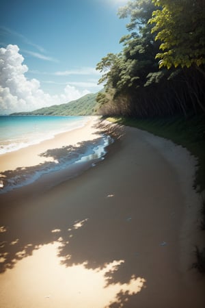 ('light reflection', still light, bias sunlight, beach light in the morning, masterpiece, beautiful beach, deserted beach, dynamic angle, highest detail, very realistic), professional outdoor photo, bokeh, (complicated detail, high detail: 1 ,15), detail, sunlight through the leaves, (Caraibbian island beach background) (high contrast, official art, extreme detail, supreme detail)