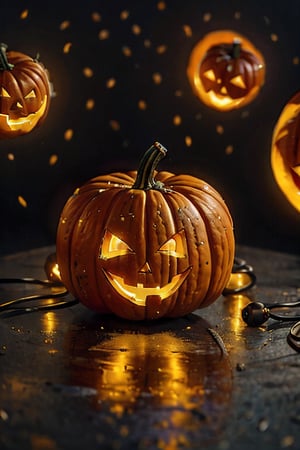 Halloween, halloween pumpkin, orange, focus, bokeh, simple background, using earphone