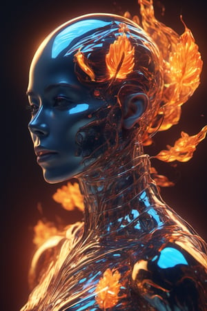 aura as part of human body, ghost raider, fiery skull, fiery, front facing, upper body, front side, subsurface scattering, transparent, translucent skin, shining, blooming, luminous liquid, 3d style, cyborg style, Still Film, Leonardo Style, warm, vibrant colors, volumetric light