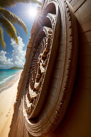 (Woodbreak, wood carving, (complicated detail, high detail: 1.15), detail, sunlight through the leaves, (Caraibbian island beach background) (high contrast