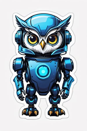 sticker,centered, ((solo)), digital art, full body, | cute of robot wearing owl helmet, chibi, black and blue sky futuristic, neon lights, | (white background:1.2), simple background, 'Halloween'