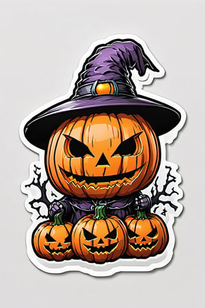 sticker, centered, ((solo)), digital art, 'Halloween', Jack-o'-lantern, | cute Jack-o'-lantern pumpkin head, chibi, orange, neon lights, | (white background: 1.2), simple background,