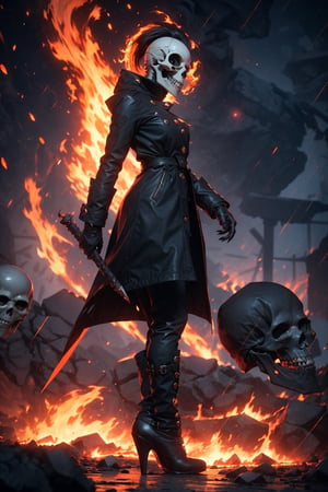 (Masterpiece, best quality, ultra-detailed, best shadow, Unreal Engine 5), (detailed background), ((one woman)), perfect finger, ((evil skull head with sharp teeth)), black polo with three buttons, Valkyrie armor, ((red-colored apparel, often in the form of long, two-tailed coats)), open coat, black fingerless gloves, black latex pants, black military-style high heels boots, fire-around, rocks, ruins, ((red-eyes, eyes-glowing)), rain-fire, fire around her, side view, ((solo)),yorha no. 2 type b