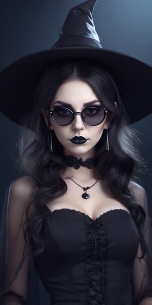 Halloween, use earphones: 1.2, music, Witch, wearing rebellious sunglasses, charming suit, wearing a dress, upper body, Simple dark background