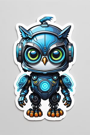 sticker,centered, ((solo)), digital art, full body, | cute of robot wearing owl helmet, chibi, black and blue sky futuristic, neon lights, | (white background:1.2), simple background, 'Halloween'