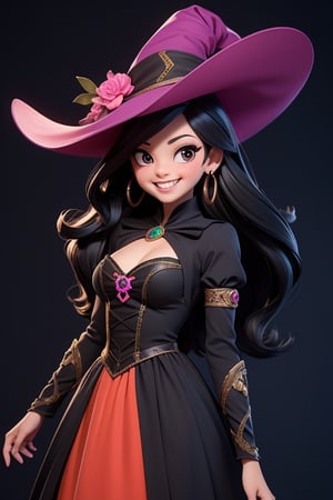 3dmm style, (masterpiece, top quality, best quality, official art, beautiful and aesthetic: 1.2), (fractal art: 1.3), western style, 1 magical girl, western style halloween, beautiful, western style, upper body, details tall, black hair with hints of pink, black eyes dark lighting, smiling face, looking at the viewer, sky, medium shot, beautiful witch costume, jewelry, 3DMM