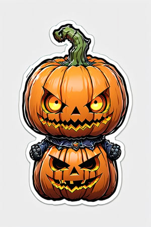 sticker, centered, ((solo)), digital art, 'Halloween', cute Jack-o'-lantern pumpkin head, chibi, orange, neon lights, | (white background: 1.2), simple background,