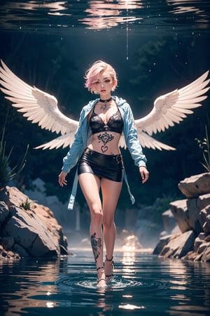 (full body:1.2), (1girl:1.2, body covered in words, words on body:1.1, tattoos of (words) on body:1.2), (masterpiece:1.4, best quality), tatoos on skin, colorful short hair, medium breasts, glowing eyes, (intricate details),ultra detailed, (pastel colors:1.3), perfect face, beautiful and aesthetic, a choker hoodie, edgNoire, a woman in a sheer see through ([black dress, short skirt|hoodie]::0.5), detailed, solo,((walking on water)), background is a fantasy world