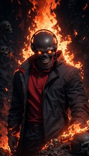 (Masterpiece, best quality, ultra-detail, best shadows, Unreal Engine 5), (detailed background), one person, ((evil skull head with sharp teeth)), black polo with three buttons, 'upper body, body facing sideways, face looking at viewer, close-up', ((red clothing, often in the form of a long two-tailed coat)), open coat, black fingerless gloves, black military-style boots, fire, rocks, ruins, red eyes, shining eyes, ((using headset music)), rain-fire, fire all around, explosion background, SAM YANG, 3DMM, EpicSky