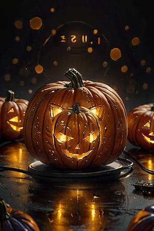 Halloween, halloween pumpkin, orange, focus, bokeh, simple background, using earphone, the pumpkin uses earphones