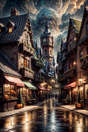 Beautiful city view: Stunning Art Nouveau architecture on halloween, ((Paved street filled with halloween scene, calm background)), ((Cafe in background: 0.5)), ((Magic Shop: 0.5)); Town square, Charming, Lively city view, [Car], Charming magical fantasy atmosphere, (Works), halloween candles on the street,(Top quality), (Highly detailed) Beautiful background, Lots of flowers and trees, highly detailed and intricate, hypermaximal, elegant, luxurious , Ultra photo realisim, Cinematic lighting, in panoramic view, landscape, TreeAIv2, phcrystal