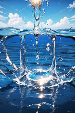 Beautiful view of gurgling water, water droplets, water droplets, close up, very close up, reflection of light penetrating water droplets, blue sky background, not human