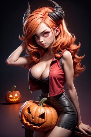'Halloween', csr style with halloween costume, malina (helltaker), big boobs, ((woman with halloween pumpkin head Jack-O-Lantern Pumpkin)), solo, devil tail, looking at viewer, red shirt, 1 girl, red background, hand on own head, vest , vest, skirt, red eyes, black vest, black tail, simple background, horns, blouse bottom