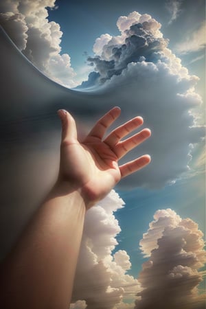 (best quality, masterpiece, colorful, dynamic angles, highest detail, very realistic), professional photo, camera looking at the sky, 'hand wearing music party bracelet', (high resolution texture), in dynamic pose, bokeh, (intricate details , high detail: 1.15), detail, bright sunlight, clear blue sky,(high contrast, official art, extreme detail, highest detail), bright clouds