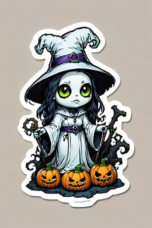 sticker, centered, ((solo)), digital art, 'Halloween', chibi, white, | (white background: 1.2), simple background, Halloween theme, 2D, 'ghost', scary, (Skottie Young style:1.3)
(masterpiece, best quality: 1.5), in the tomb