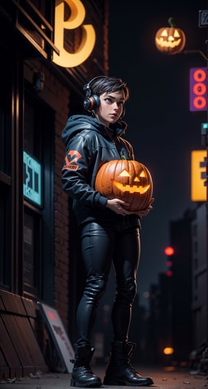 (extremely detailed CG unity 8k wallpaper, masterpiece, best quality, ultra-detailed, best shadow), (detailed background), (beautiful detailed face, beautiful detailed eyes), High contrast, (best illumination, an extremely delicate and beautiful), 'Halloween', Jack-O-Lantern Pumpkin, use earphone, headset, city, ((cyberpunk city on transparent background,)), dynamic angle,beautiful detailed glow,full body, cowboy shot
