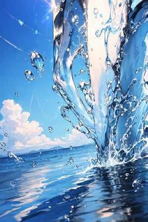 Beautiful view of gurgling water, watersplash, water droplets, water droplets, close up, very close up, reflection of light penetrating water droplets, blue sky background, not human