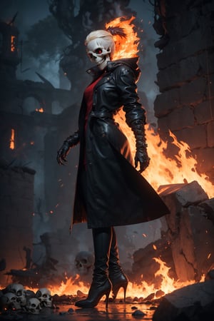 (Masterpiece, best quality, ultra-detailed, best shadow, Unreal Engine 5), (detailed background), ((one woman)), perfect finger, ((evil skull head with sharp teeth)), black polo with three buttons, Valkyrie armor, ((red-colored apparel, often in the form of long, two-tailed coats)), open coat, black fingerless gloves, black latex pants, black military-style high heels boots, fire-around, rocks, ruins, ((red-eyes, eyes-glowing)), rain-fire, fire around her, side view, ((solo)),yorha no. 2 type b