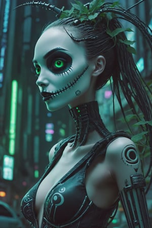 creepy Cyberpunk artwork inspired by Jack Skellington from The Nightmare Before Christmas, set in a futuristic fashion cyberpunk universe. Sexy, Emphasize her seductive allure, beautiful face, perfect eyes, perfect nose shape, perfect lips, perfect hands, vibrant green foliage, neon-lit cityscape, and intricate cybernetic enhancements. Capture the essence of danger and allure in this cyberpunk masterpiece., cyberpunk style ,cyberpunk style