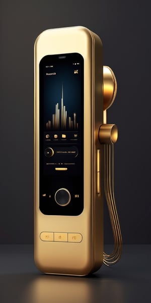 music player, radio music, one object, simple, aerophone, simple dark background, golden aura, futuristic, human notes