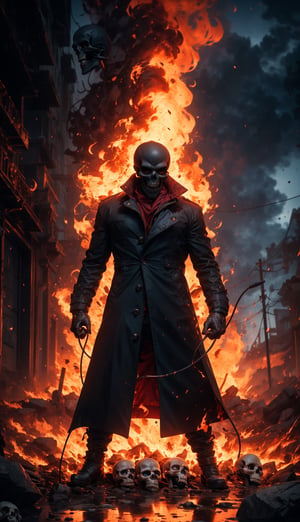 (Masterpiece, best quality, ultra-detail, best shadows, Unreal Engine 5), (detailed background), one person, ((evil skull head with sharp teeth)), black polo with three buttons, upper body, (( red clothing, often in the form of a long two-tailed coat)), open coat, black fingerless gloves, black military-style boots, fire, rocks, ruins, red eyes, shining eyes, ((earphones)), rain -fire, fire all around, explosion background, SAM YANG, 3DMM, EpicSky