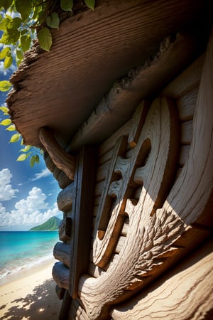 (Woodbreak, wood carving, (complicated detail, high detail: 1.15), detail, sunlight through the leaves, (Caraibbian island beach background) (high contrast , official art, extreme detail, supreme detail)